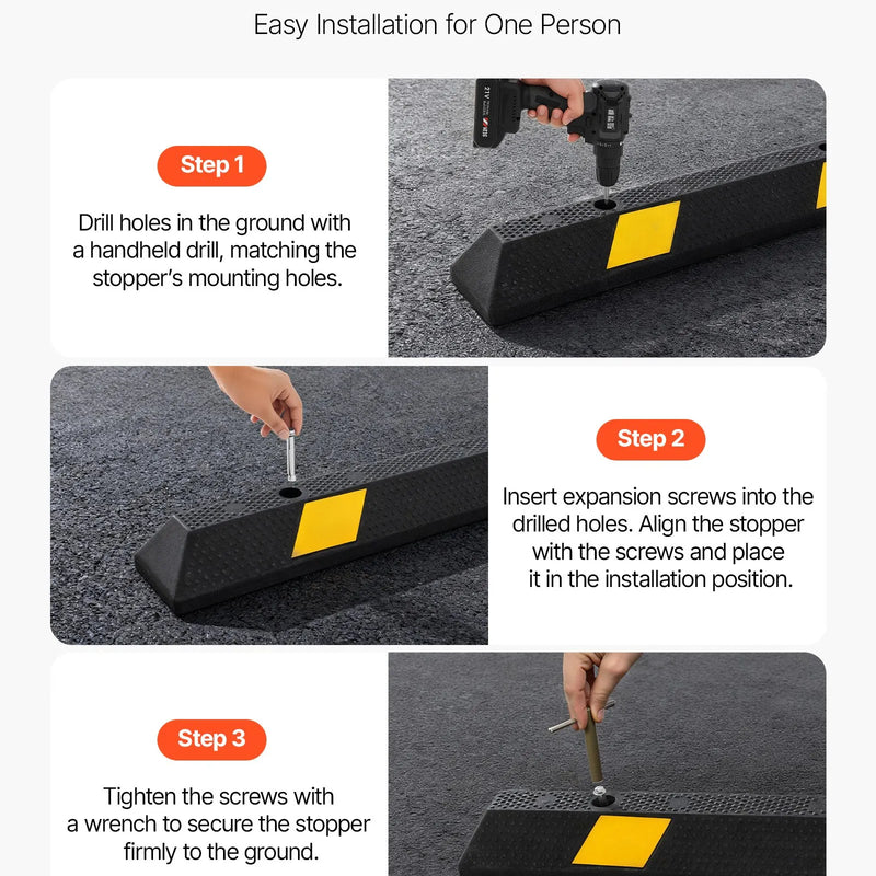 VEVOR gumijas stāvvietas apstādinātājs, 1840 mm, pastiprināts garāžas grīdas ierobežotājs ar atstarojošām joslām automašīnām, furgoniem un kravas transportam