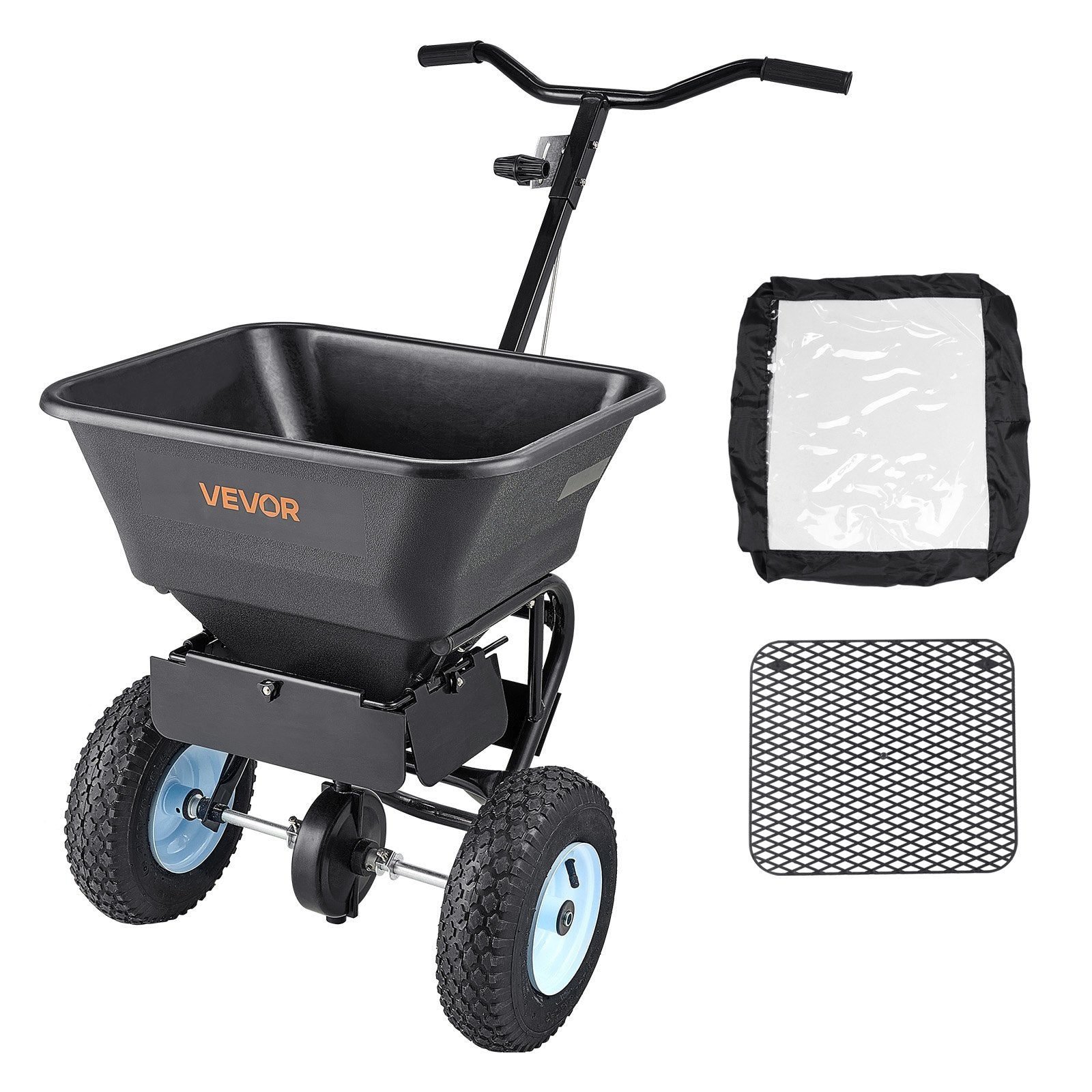 VEVOR stumjamais zāliena izkliedētājs ar 45,4 kg ietilpību, 0–3 m izkliedes platums, 33 cm visurgājēja pneimatiskās riepas, mēslojuma izkliedētājs ar tvertnes režģi sēklām, sālim un pretslīdes materiāliem