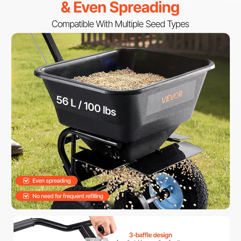 VEVOR stumjamais zāliena izkliedētājs ar 45,4 kg ietilpību, 0–3 m izkliedes platums, 33 cm visurgājēja pneimatiskās riepas, mēslojuma izkliedētājs ar tvertnes režģi sēklām, sālim un pretslīdes materiāliem