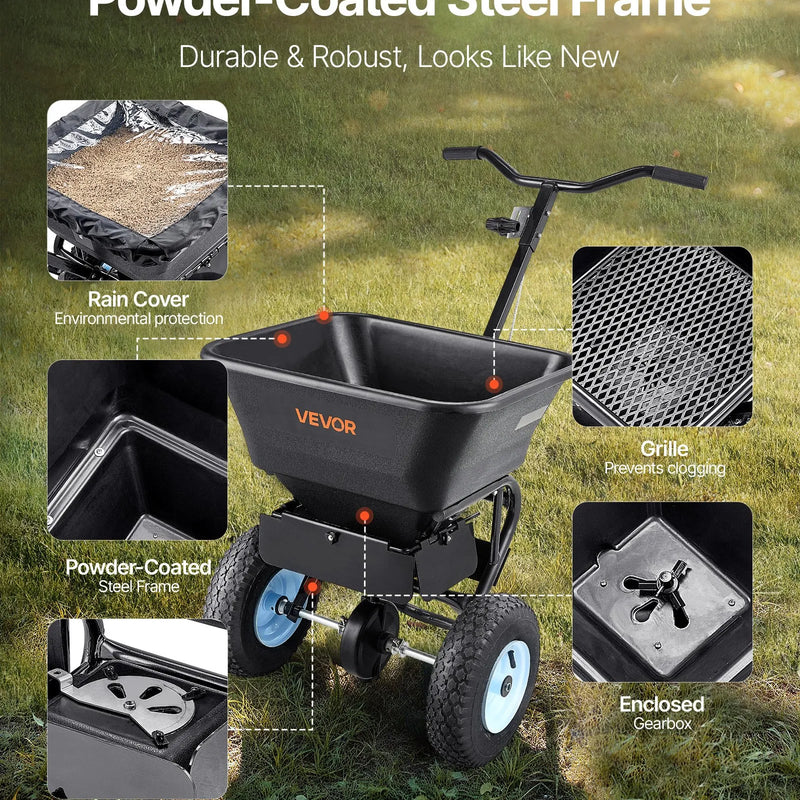 VEVOR stumjamais zāliena izkliedētājs ar 45,4 kg ietilpību, 0–3 m izkliedes platums, 33 cm visurgājēja pneimatiskās riepas, mēslojuma izkliedētājs ar tvertnes režģi sēklām, sālim un pretslīdes materiāliem