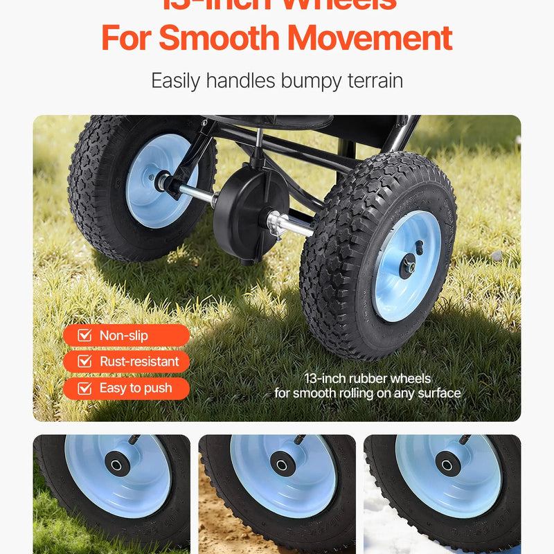 VEVOR stumjamais zāliena izkliedētājs ar 45,4 kg ietilpību, 0–3 m izkliedes platums, 33 cm visurgājēja pneimatiskās riepas, mēslojuma izkliedētājs ar tvertnes režģi sēklām, sālim un pretslīdes materiāliem