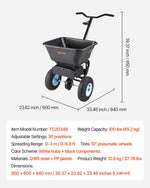 VEVOR stumjamais zāliena izkliedētājs ar 45,4 kg ietilpību, 0–3 m izkliedes platums, 33 cm visurgājēja pneimatiskās riepas, mēslojuma izkliedētājs ar tvertnes režģi sēklām, sālim un pretslīdes materiāliem