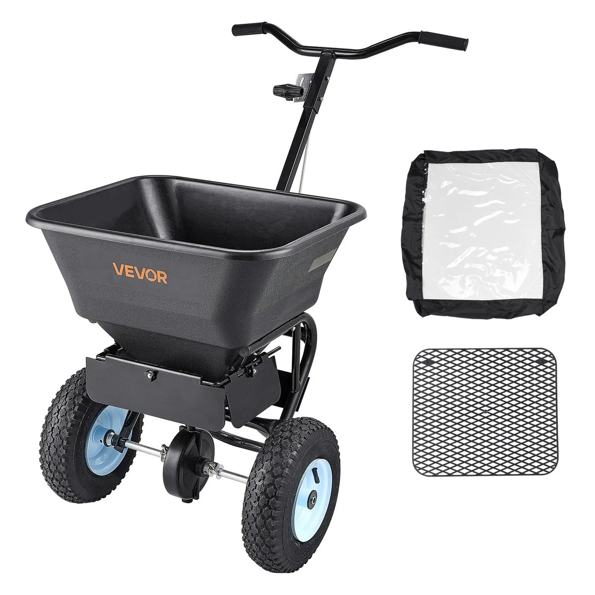 VEVOR stumjamais zāliena izkliedētājs ar 45,4 kg ietilpību, 0–3 m izkliedes platums, 33 cm visurgājēja pneimatiskās riepas, mēslojuma izkliedētājs ar tvertnes režģi sēklām, sālim un pretslīdes materiāliem