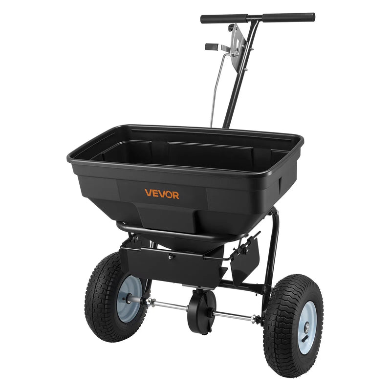 VEVOR stumjamais izkliedētājs ar 3,66 m izkliedes platumu, 33 cm visurgājēja riepas, regulējama padeves kontrole, 59 kg ietilpības tvertne, piemērots mēslojumam, sēklām un pretslīdes materiāliem
