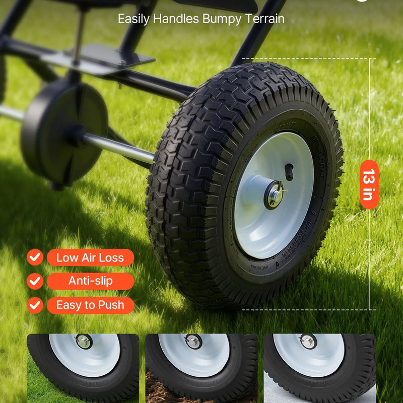 VEVOR stumjamais izkliedētājs ar 3,66 m izkliedes platumu, 33 cm visurgājēja riepas, regulējama padeves kontrole, 59 kg ietilpības tvertne, piemērots mēslojumam, sēklām un pretslīdes materiāliem