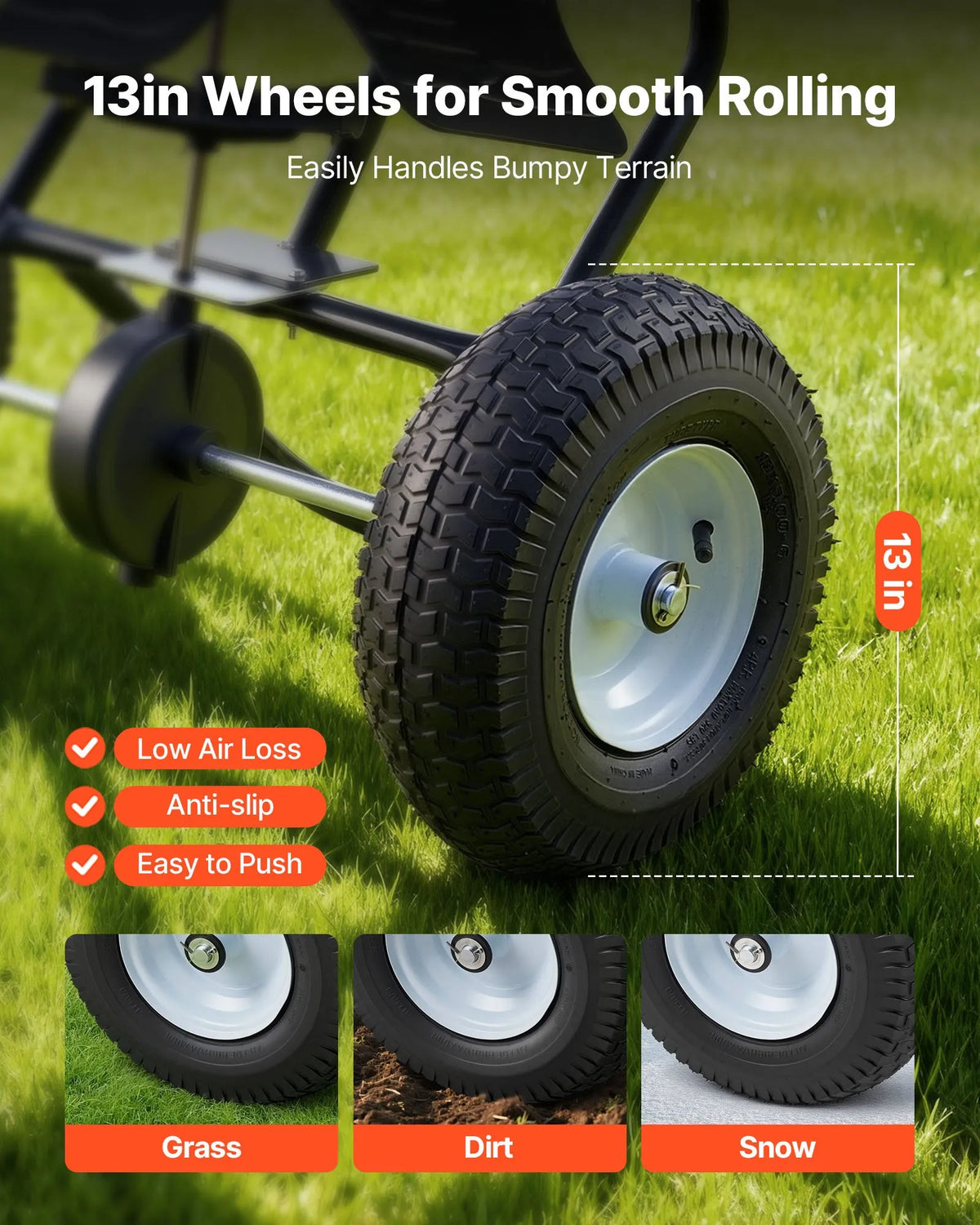 VEVOR stumjamais izkliedētājs ar 3,66 m izkliedes platumu, 33 cm visurgājēja riepas, regulējama padeves kontrole, 59 kg ietilpības tvertne, piemērots mēslojumam, sēklām un pretslīdes materiāliem