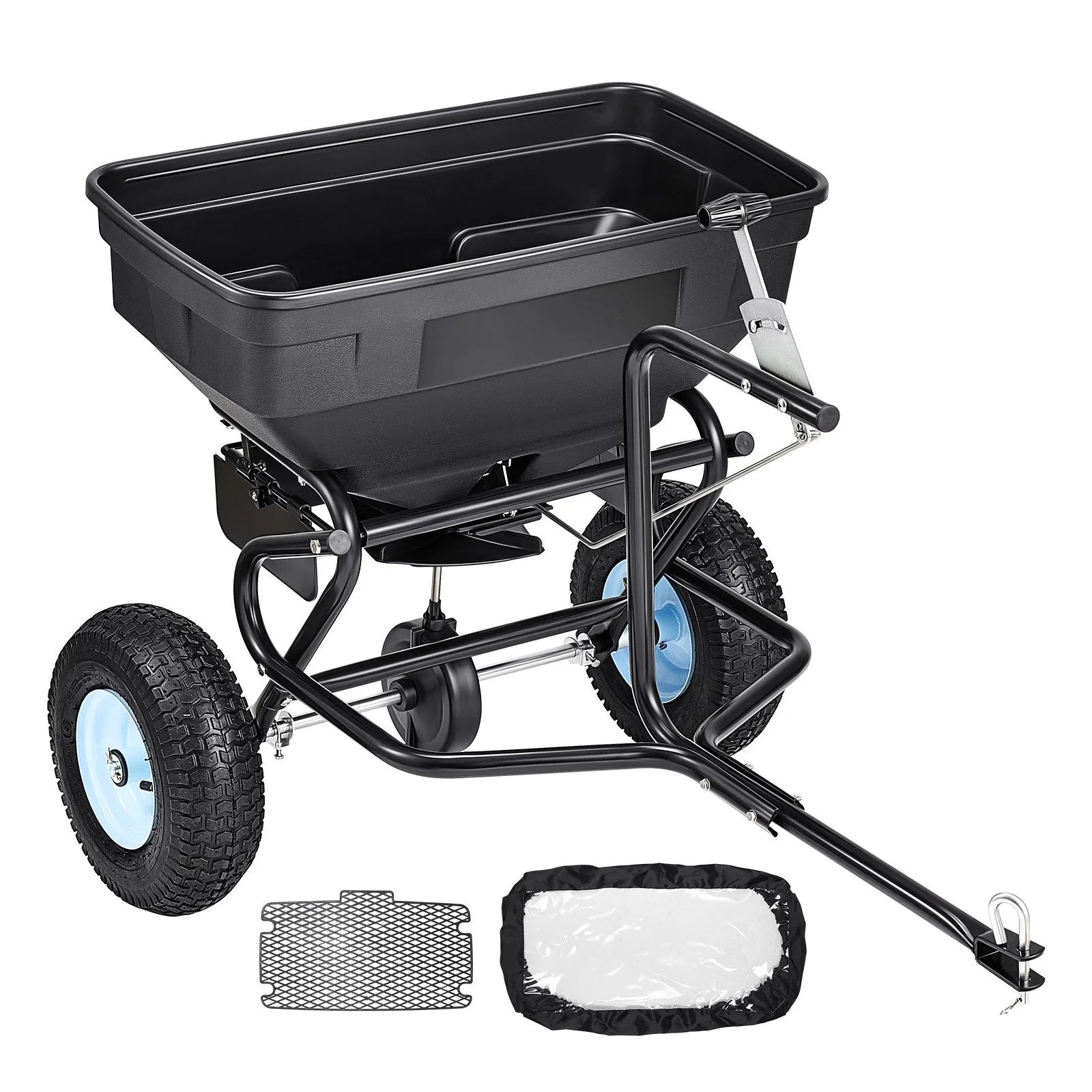 VEVOR piekabē velkams sadales sējējs, 59 kg ietilpība, dārza sējējs velkot vai stumjot ar 33 cm riepām, 30 regulējami iestatījumi un 3 m sadales platums, zāliena sējēji sēklām, mēslojumam, sālim un ledus kušanai