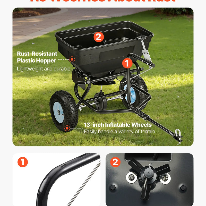 VEVOR piekabē velkams sadales sējējs, 59 kg ietilpība, dārza sējējs velkot vai stumjot ar 33 cm riepām, 30 regulējami iestatījumi un 3 m sadales platums, zāliena sējēji sēklām, mēslojumam, sālim un ledus kušanai