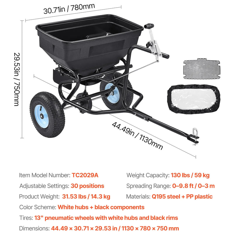 VEVOR piekabē velkams sadales sējējs, 59 kg ietilpība, dārza sējējs velkot vai stumjot ar 33 cm riepām, 30 regulējami iestatījumi un 3 m sadales platums, zāliena sējēji sēklām, mēslojumam, sālim un ledus kušanai