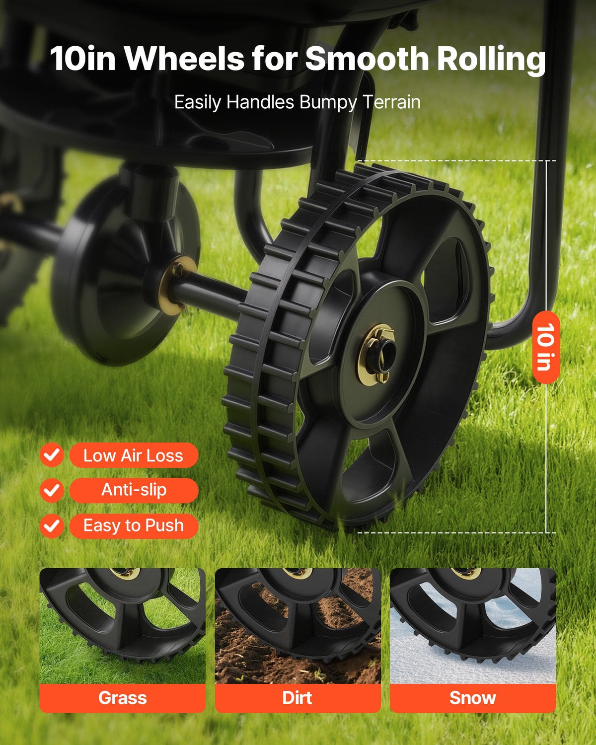 VEVOR stumjams zāliena sējējs, sadales platums 3 m, sējējs ar 59 kg kravas ietilpību un 25 cm visurgājēja riepām, stumjams dārza un zāliena sējējs sēklām, mēslojumam un nezāļu kontrolei