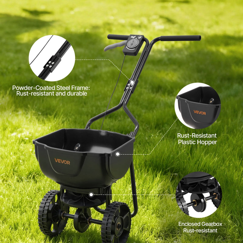 VEVOR stumjams zāliena sējējs, sadales platums 3 m, sējējs ar 59 kg kravas ietilpību un 25 cm visurgājēja riepām, stumjams dārza un zāliena sējējs sēklām, mēslojumam un nezāļu kontrolei