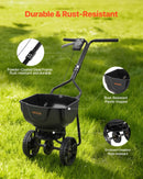 VEVOR stumjams zāliena sējējs, sadales platums 3 m, sējējs ar 59 kg kravas ietilpību un 25 cm visurgājēja riepām, stumjams dārza un zāliena sējējs sēklām, mēslojumam un nezāļu kontrolei