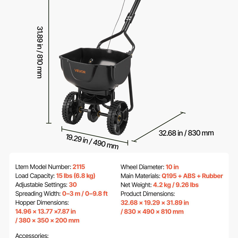 VEVOR stumjams zāliena sējējs, sadales platums 3 m, sējējs ar 59 kg kravas ietilpību un 25 cm visurgājēja riepām, stumjams dārza un zāliena sējējs sēklām, mēslojumam un nezāļu kontrolei
