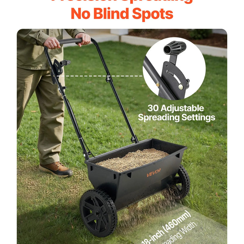 VEVOR stumjamais mēslojuma un sēklu izkliedētājs, 22,7 kg ietilpība, pilienveida izkliede ar tvertnes režģi, 45,7 cm izkliedes platums un 30 regulēšanas pozīcijas, 25,4 cm visurgājēja riepas, dārzam un zālienam sēklām un mēslojumam