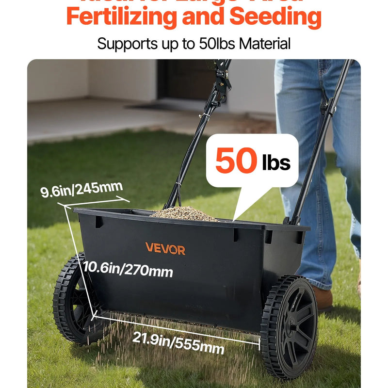 VEVOR stumjamais mēslojuma un sēklu izkliedētājs, 22,7 kg ietilpība, pilienveida izkliede ar tvertnes režģi, 45,7 cm izkliedes platums un 30 regulēšanas pozīcijas, 25,4 cm visurgājēja riepas, dārzam un zālienam sēklām un mēslojumam
