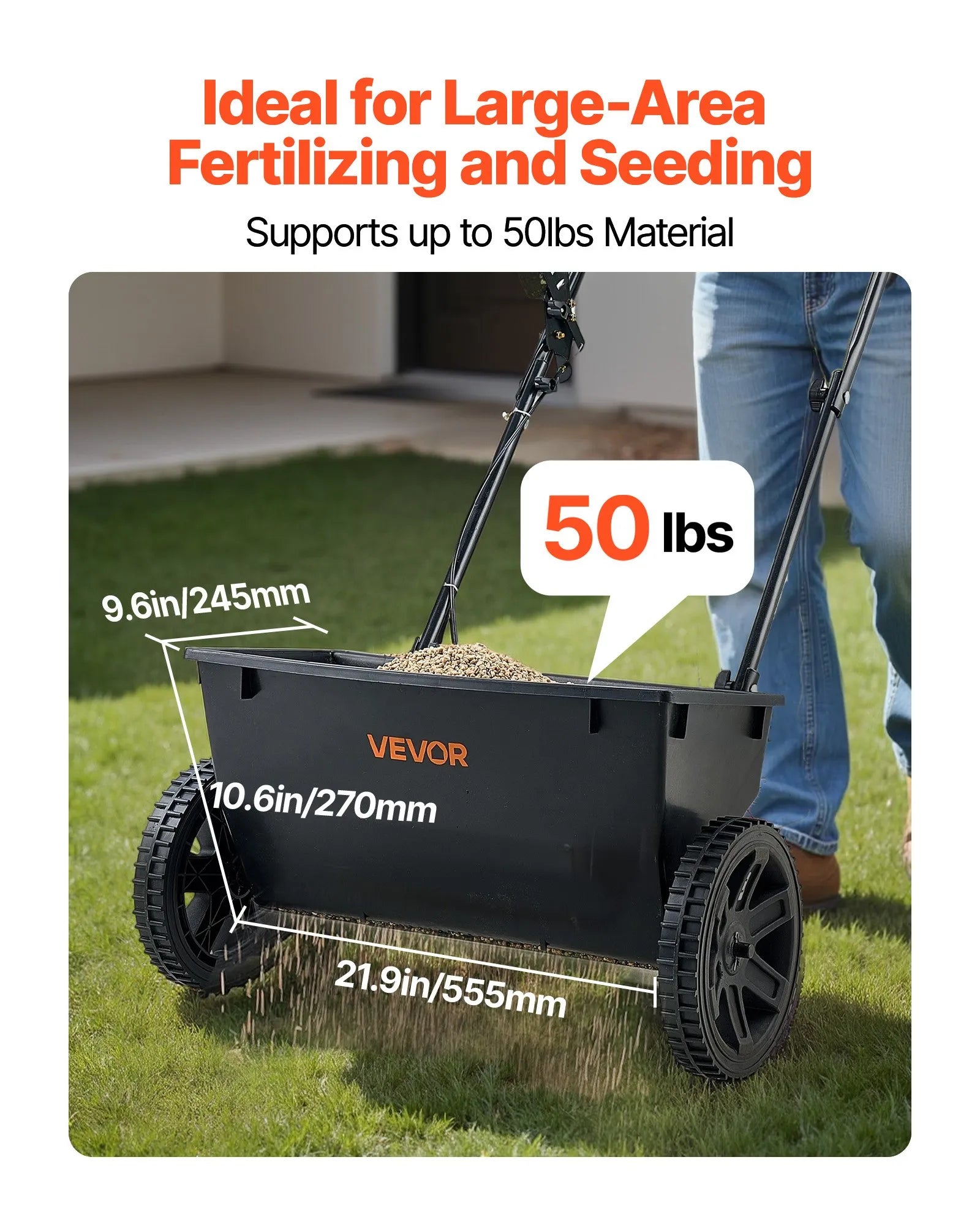 VEVOR stumjamais mēslojuma un sēklu izkliedētājs, 22,7 kg ietilpība, pilienveida izkliede ar tvertnes režģi, 45,7 cm izkliedes platums un 30 regulēšanas pozīcijas, 25,4 cm visurgājēja riepas, dārzam un zālienam sēklām un mēslojumam