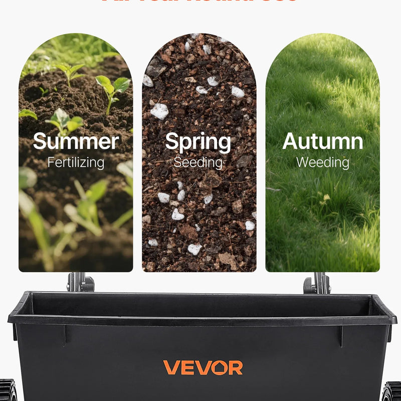 VEVOR stumjamais mēslojuma un sēklu izkliedētājs, 22,7 kg ietilpība, pilienveida izkliede ar tvertnes režģi, 45,7 cm izkliedes platums un 30 regulēšanas pozīcijas, 25,4 cm visurgājēja riepas, dārzam un zālienam sēklām un mēslojumam