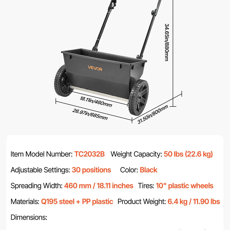 VEVOR stumjamais mēslojuma un sēklu izkliedētājs, 22,7 kg ietilpība, pilienveida izkliede ar tvertnes režģi, 45,7 cm izkliedes platums un 30 regulēšanas pozīcijas, 25,4 cm visurgājēja riepas, dārzam un zālienam sēklām un mēslojumam