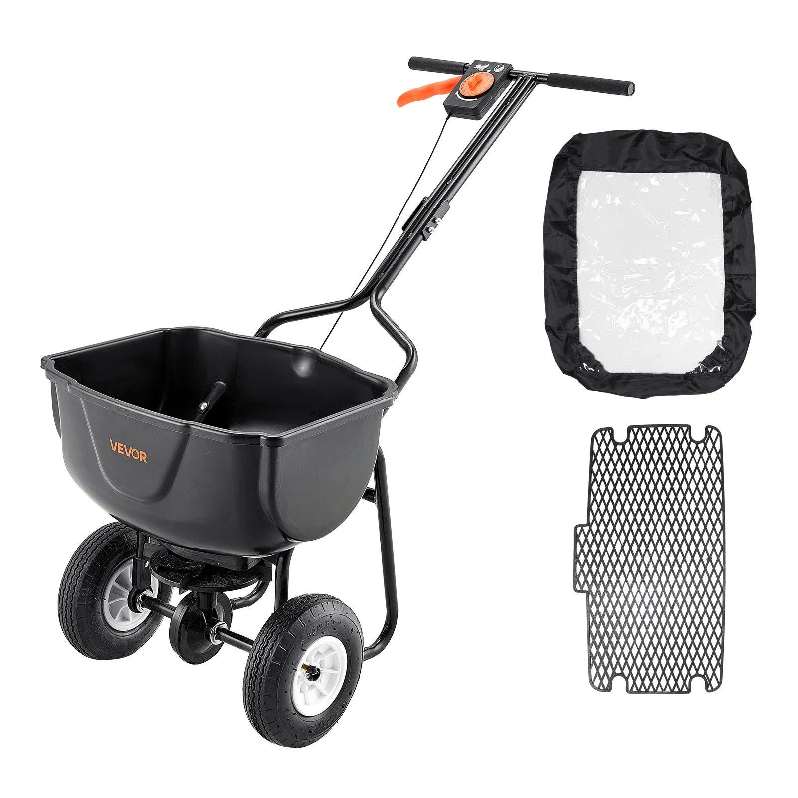 VEVOR stumjams sējējs, 27 kg ietilpība, stumjamais sējējs ar tvertnes režģi, sadales platums 0–3 m, 20 cm visurgājēja pneimatiskās riepas, dārza un zāliena sējējs sēklām un mēslojumam