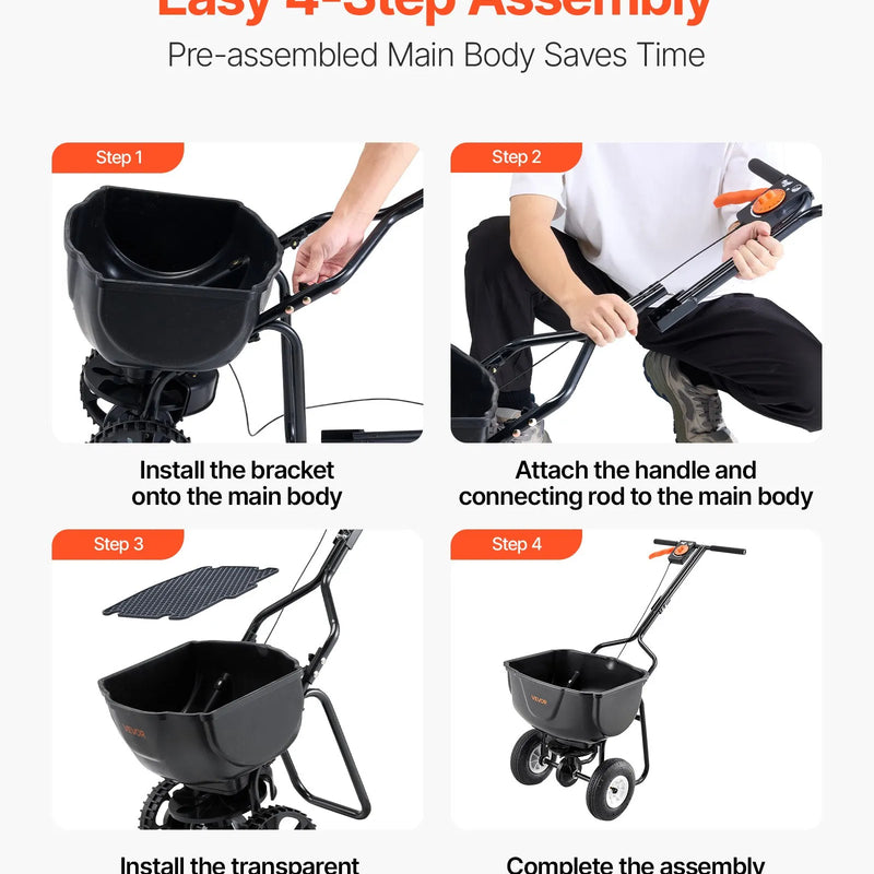 VEVOR stumjams sējējs, 27 kg ietilpība, stumjamais sējējs ar tvertnes režģi, sadales platums 0–3 m, 20 cm visurgājēja pneimatiskās riepas, dārza un zāliena sējējs sēklām un mēslojumam