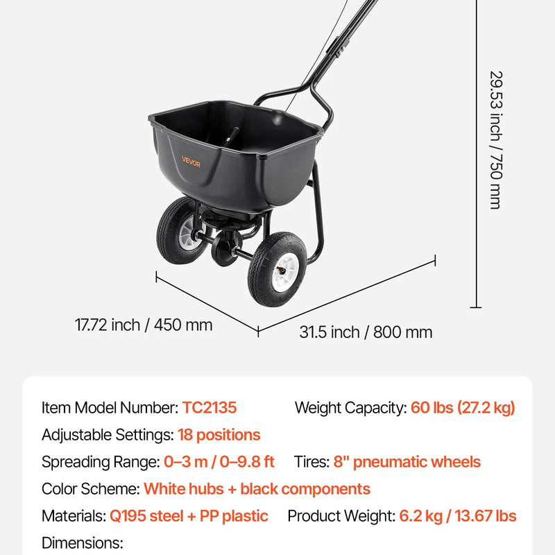 VEVOR stumjams sējējs, 27 kg ietilpība, stumjamais sējējs ar tvertnes režģi, sadales platums 0–3 m, 20 cm visurgājēja pneimatiskās riepas, dārza un zāliena sējējs sēklām un mēslojumam