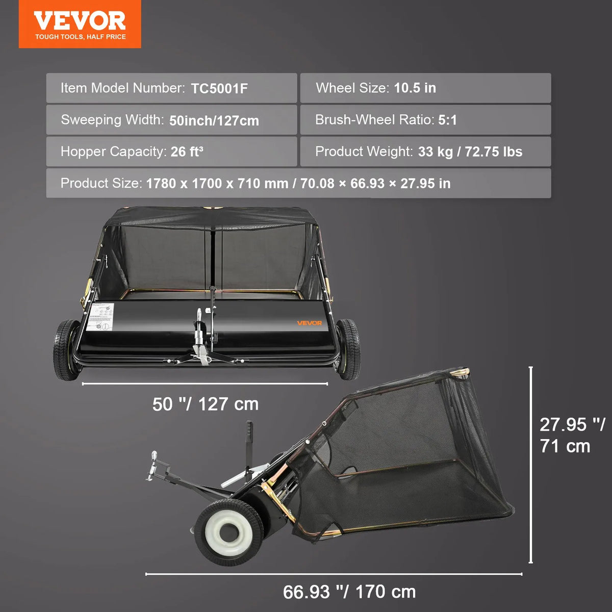 VEVOR piekabināms zāliena slaucītājs, 127 cm darba platums, 26 cu. ft liela ietilpība lapu un zāles savākšanai, pastiprinātas konstrukcijas dārza slaucītājs ar regulējamu slaucīšanas augstumu, pagalmam, zālienam un saimniecībai