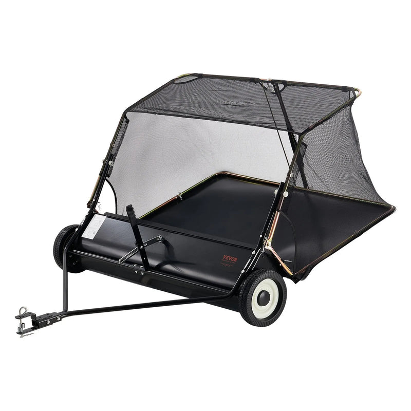 VEVOR piekabes tipa zāliena slaucītājs, 26,7 cm darba platums, 736 l liela savākšanas tvertne, regulējams slaucīšanas augstums, pastiprinātas konstrukcijas lapu un zāles savācējs ar iztukšošanas trosi, velkams zāles un gružu savācējs