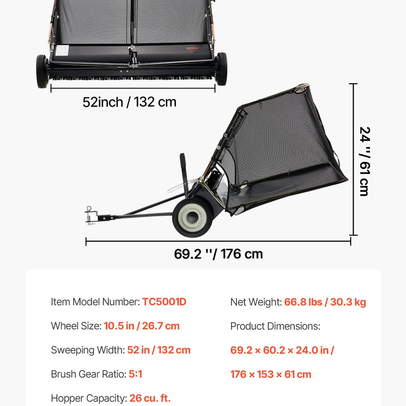 VEVOR piekabes tipa zāliena slaucītājs, 26,7 cm darba platums, 736 l liela savākšanas tvertne, regulējams slaucīšanas augstums, pastiprinātas konstrukcijas lapu un zāles savācējs ar iztukšošanas trosi, velkams zāles un gružu savācējs