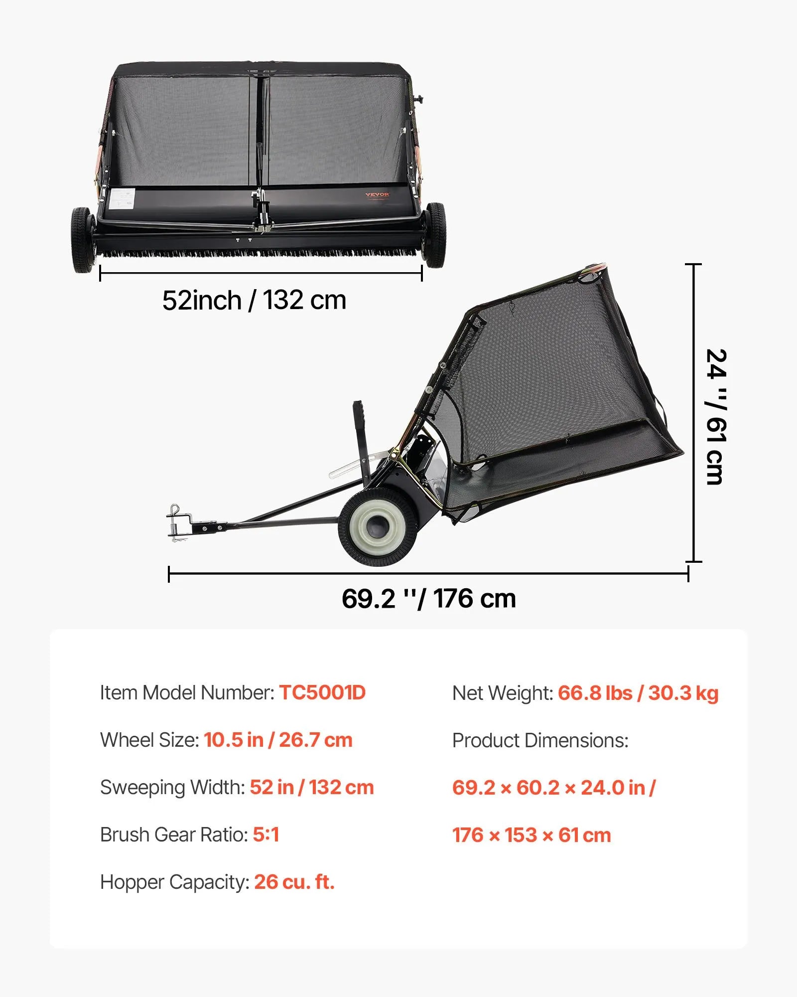 VEVOR piekabes tipa zāliena slaucītājs, 26,7 cm darba platums, 736 l liela savākšanas tvertne, regulējams slaucīšanas augstums, pastiprinātas konstrukcijas lapu un zāles savācējs ar iztukšošanas trosi, velkams zāles un gružu savācējs