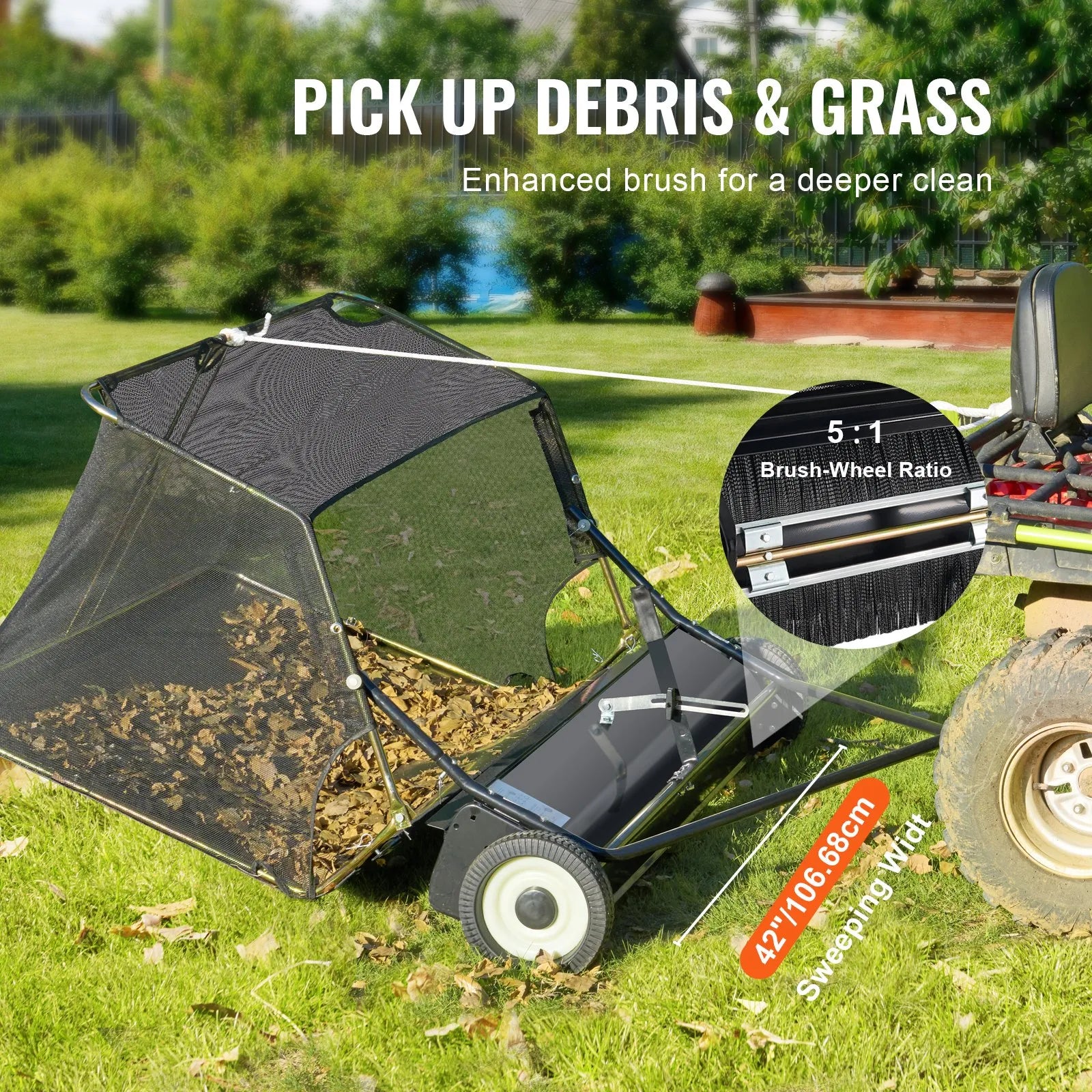 VEVOR 1070 mm piekabināms zāliena slaucītājs, 340 l liels zāles un lapu savācējs, pastiprinātas konstrukcijas lapu un zāles savācējs ar iztukšošanas trosi, regulējams slaucīšanas augstums gružu un zāles savākšanai