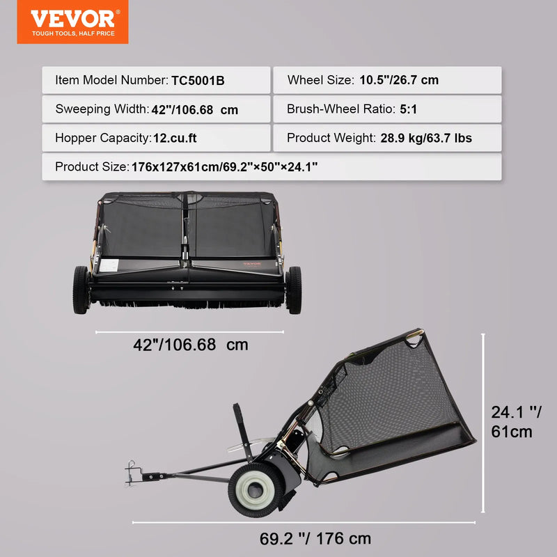 VEVOR 1070 mm piekabināms zāliena slaucītājs, 340 l liels zāles un lapu savācējs, pastiprinātas konstrukcijas lapu un zāles savācējs ar iztukšošanas trosi, regulējams slaucīšanas augstums gružu un zāles savākšanai