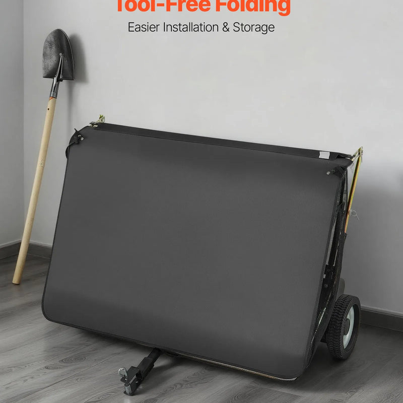 VEVOR piekabes tipa zāliena slaucītājs, 122 cm darba platums, 26 cu. ft savākšanas maiss, lapu un zāles savācējs ar iztukšošanas trosi, regulējams slaucīšanas augstums, dārzam un saimniecībai