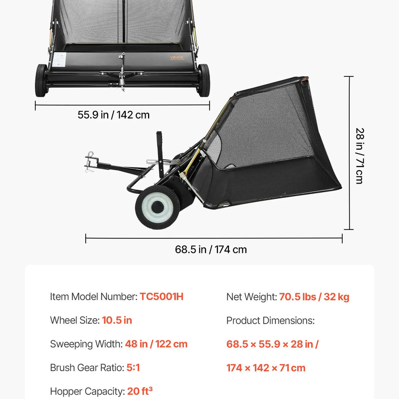 VEVOR piekabes tipa zāliena slaucītājs, 122 cm darba platums, 26 cu. ft savākšanas maiss, lapu un zāles savācējs ar iztukšošanas trosi, regulējams slaucīšanas augstums, dārzam un saimniecībai