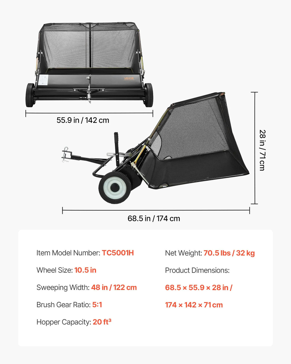 VEVOR piekabes tipa zāliena slaucītājs, 122 cm darba platums, 26 cu. ft savākšanas maiss, lapu un zāles savācējs ar iztukšošanas trosi, regulējams slaucīšanas augstums, dārzam un saimniecībai