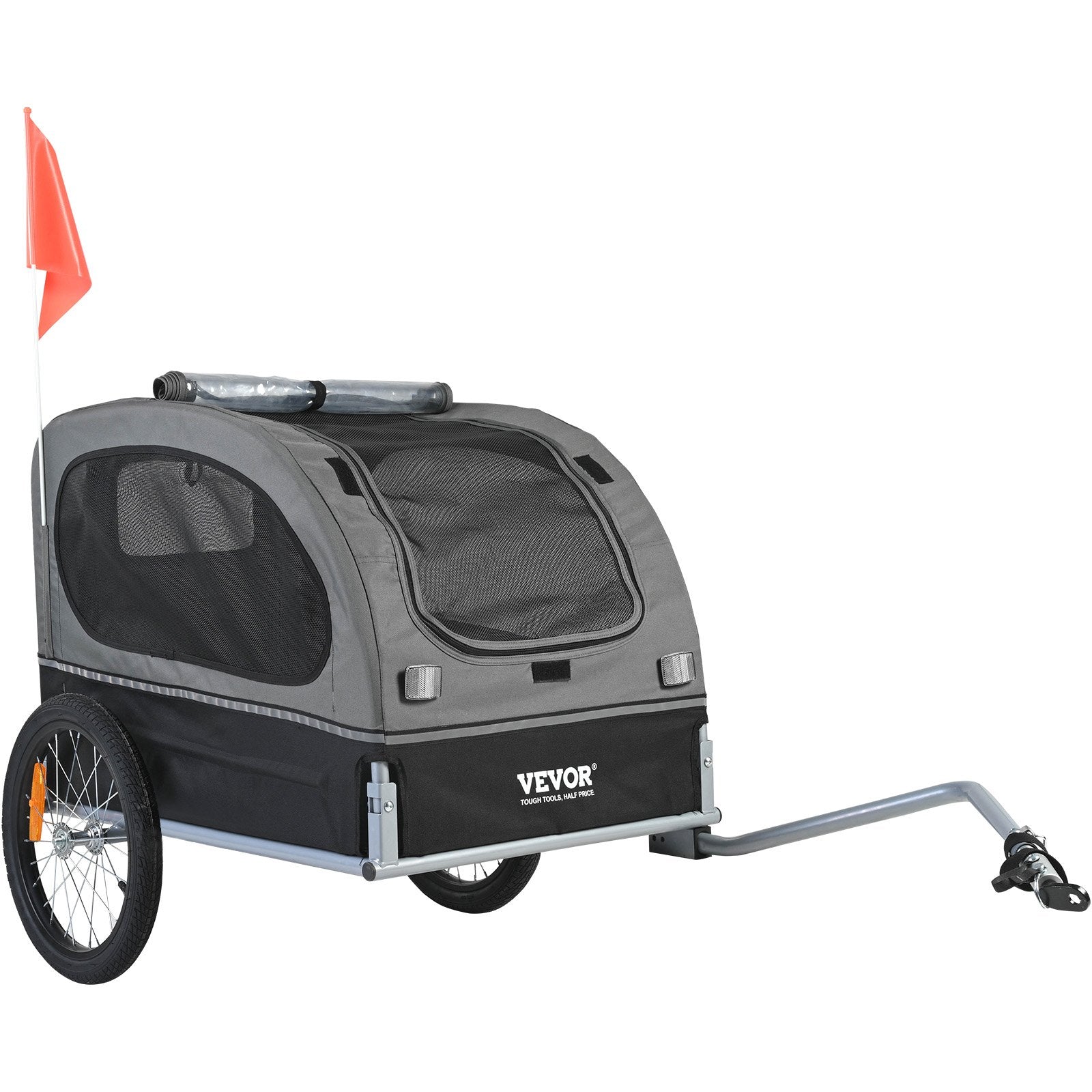 VEVOR Suņu velosipēdu piekabe, līdz 40 kg, salokāma, ar ātri noņemamiem riteņiem, universāla velosipēdu piestiprināšana, atstarojošie elementi, karogs, pelēka/melna