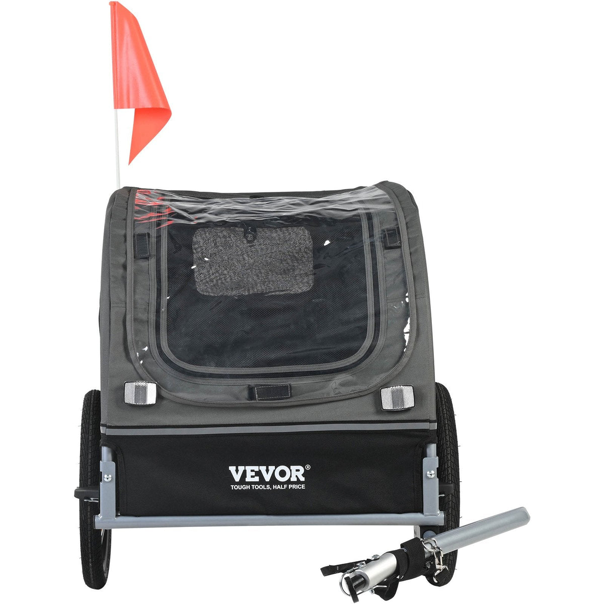 VEVOR Suņu velosipēdu piekabe, līdz 40 kg, salokāma, ar ātri noņemamiem riteņiem, universāla velosipēdu piestiprināšana, atstarojošie elementi, karogs, pelēka/melna