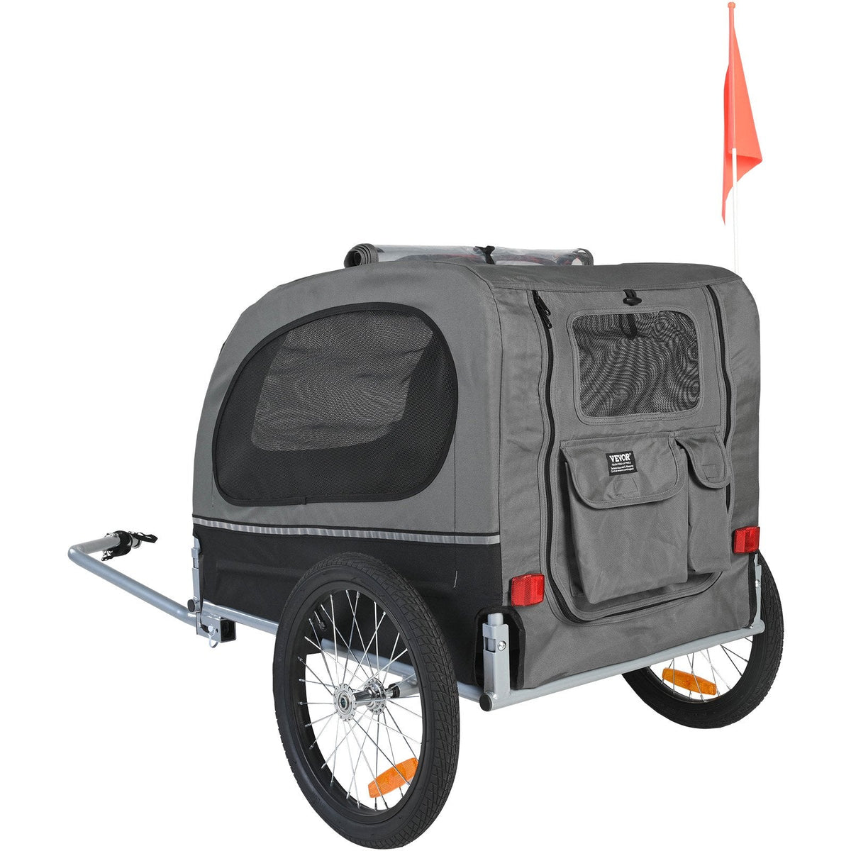 VEVOR Suņu velosipēdu piekabe, līdz 40 kg, salokāma, ar ātri noņemamiem riteņiem, universāla velosipēdu piestiprināšana, atstarojošie elementi, karogs, pelēka/melna
