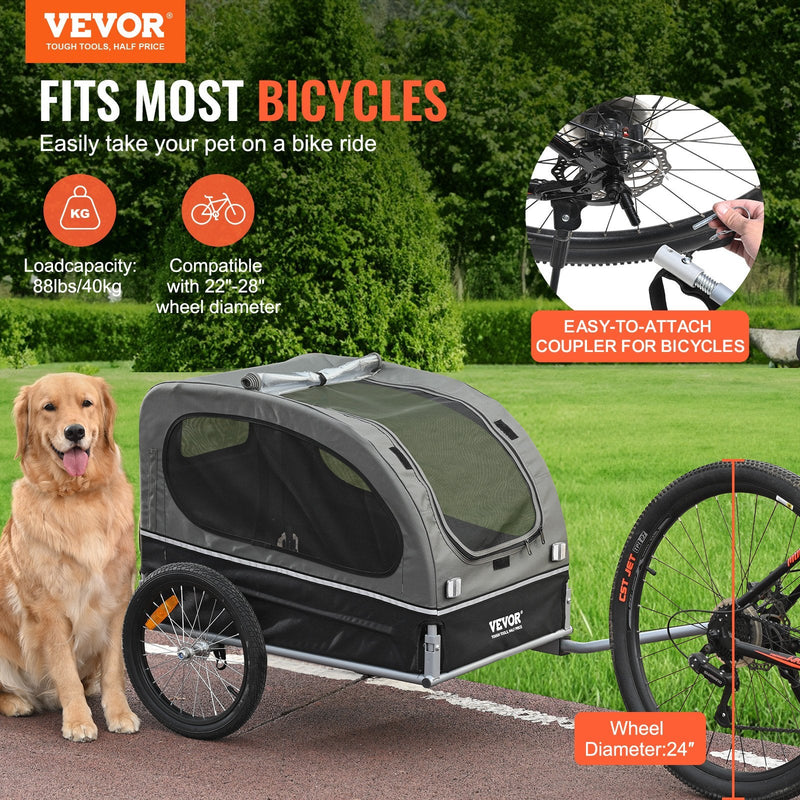 VEVOR Suņu velosipēdu piekabe, līdz 40 kg, salokāma, ar ātri noņemamiem riteņiem, universāla velosipēdu piestiprināšana, atstarojošie elementi, karogs, pelēka/melna