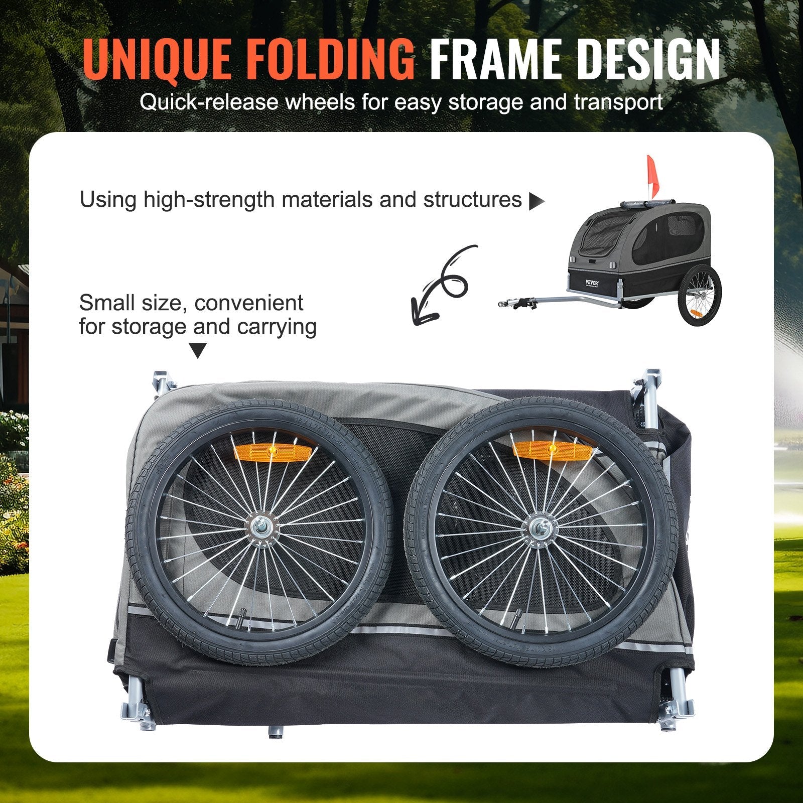 VEVOR Suņu velosipēdu piekabe, līdz 40 kg, salokāma, ar ātri noņemamiem riteņiem, universāla velosipēdu piestiprināšana, atstarojošie elementi, karogs, pelēka/melna