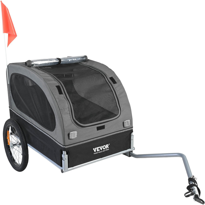 VEVOR Suņu velosipēdu piekabe, līdz 40 kg, salokāma, ar ātri noņemamiem riteņiem, universāla velosipēdu piestiprināšana, atstarojošie elementi, karogs, pelēka/melna