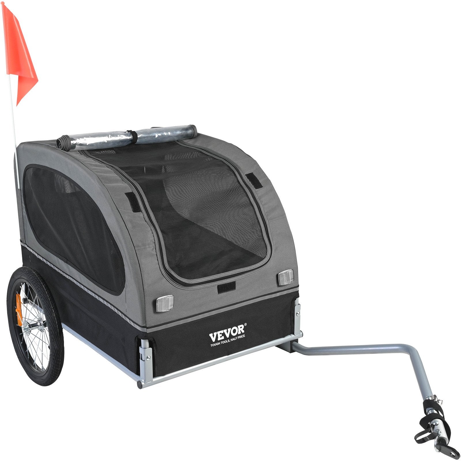 VEVOR Suņu velosipēdu piekabe, līdz 40 kg, salokāma, ar ātri noņemamiem riteņiem, universāla velosipēdu piestiprināšana, atstarojošie elementi, karogs, pelēka/melna