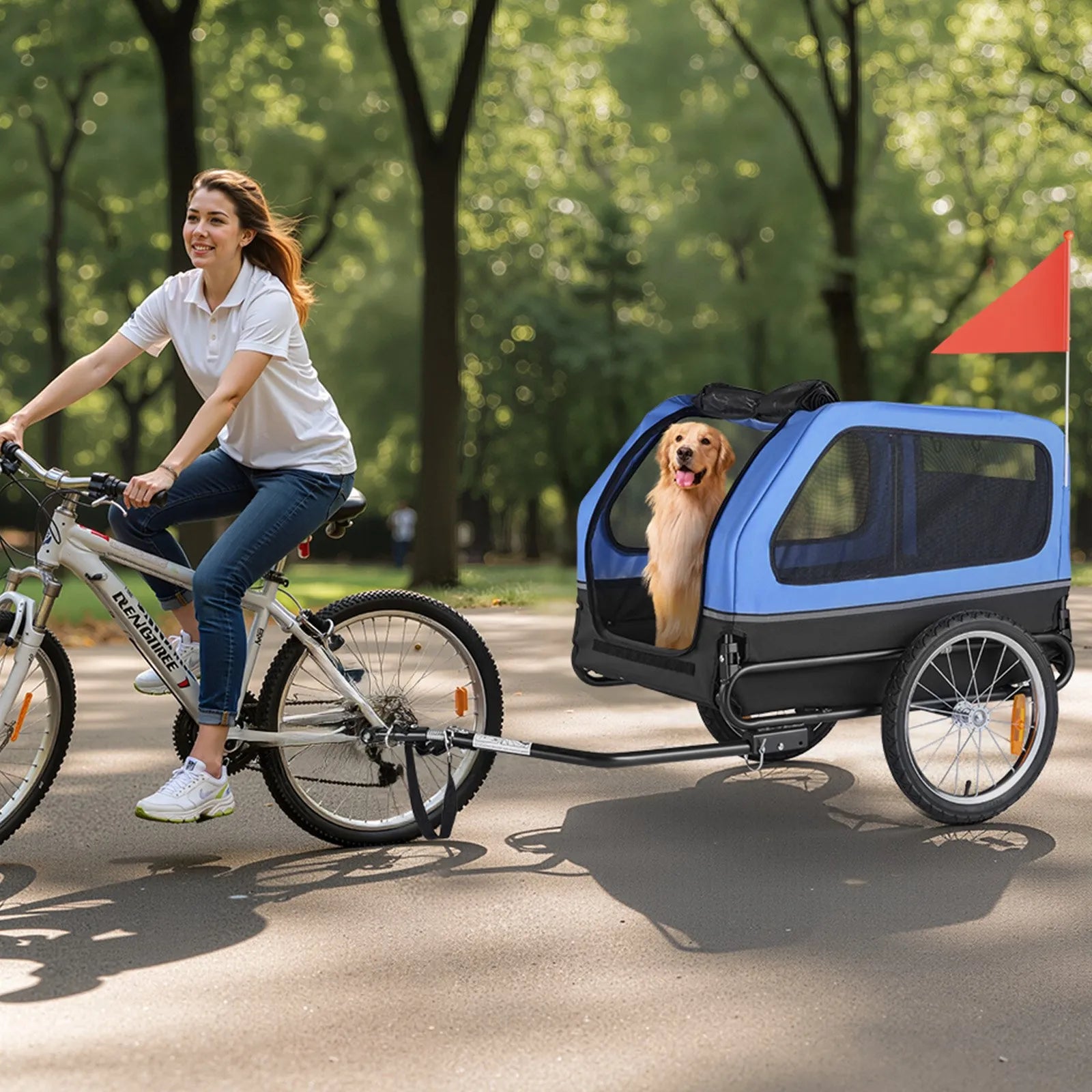 VEVOR velopiekabe suņiem, kravnesība līdz 40 kg, salokāms rāmis ar ātrās atvienošanas riteņiem, universāls velosavienotājs, atstarotājs, karogs un iekšējā pavada