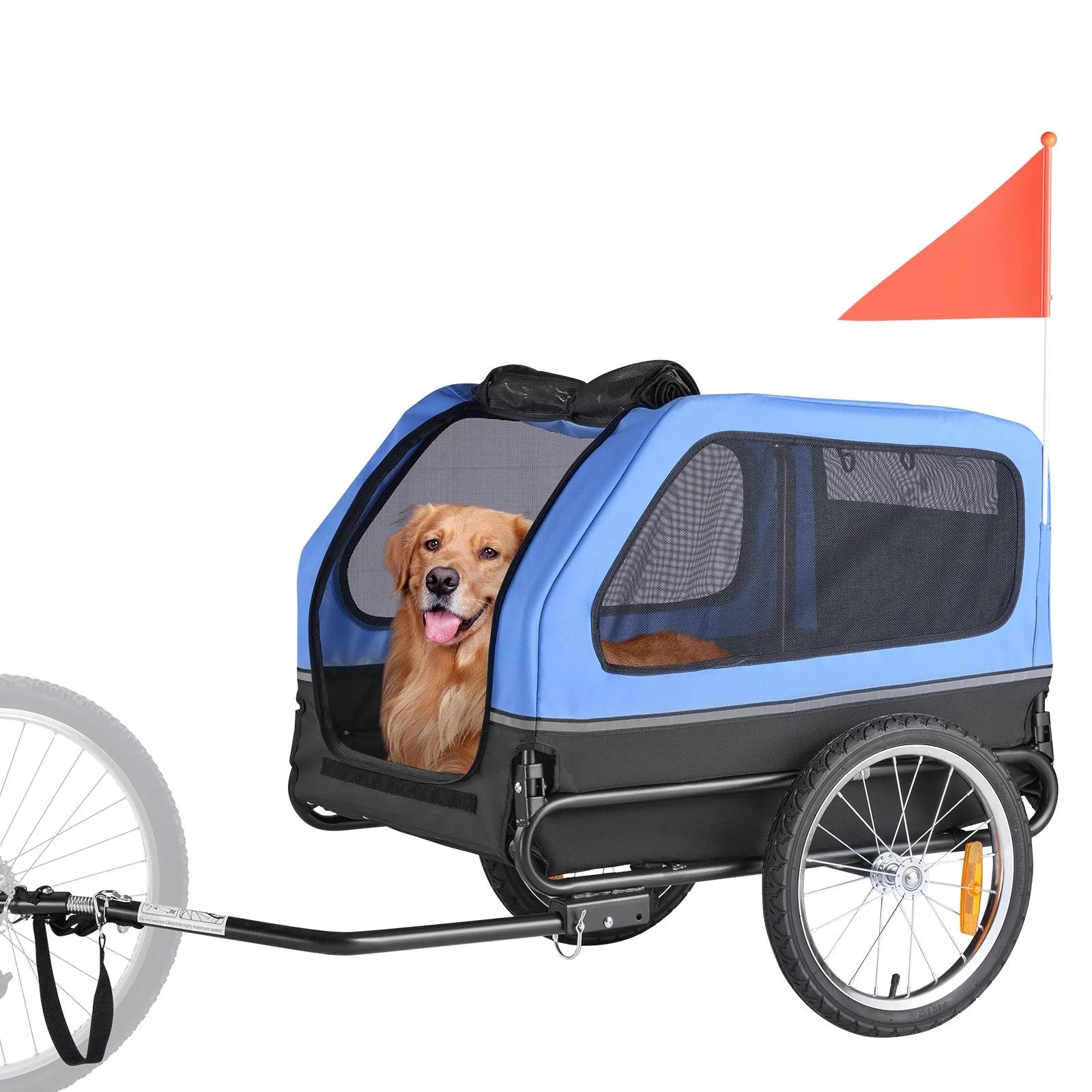 VEVOR velopiekabe suņiem, kravnesība līdz 40 kg, salokāms rāmis ar ātrās atvienošanas riteņiem, universāls velosavienotājs, atstarotājs, karogs un iekšējā pavada