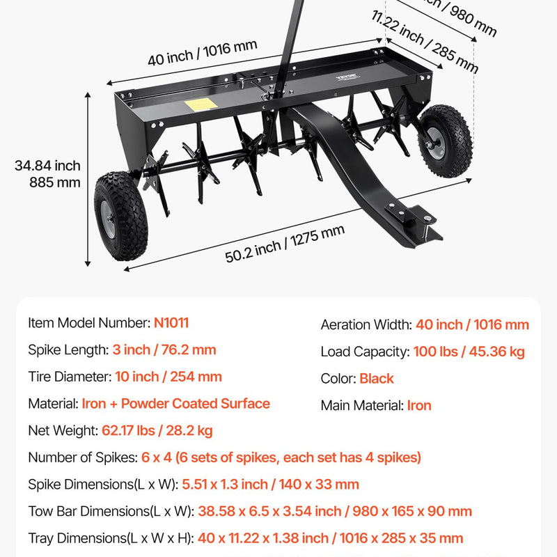 VEVOR piekabināms zāliena aerators 1016 mm ar universālu sakabi, zāliena aerācijas iekārta ar pārmaiņus izvietotām dzelzs tapām zālieniem, dārziem un saimniecībām
