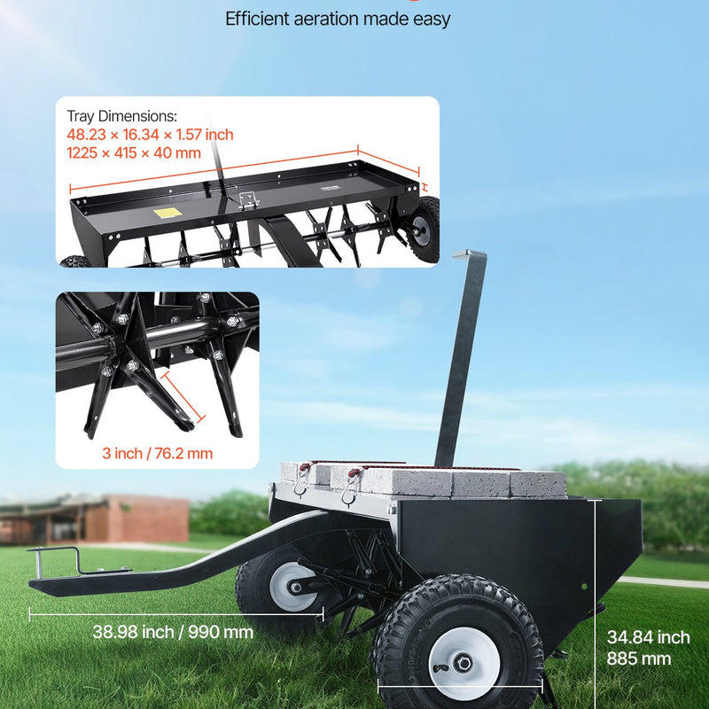 VEVOR piekabināms zāliena aerators 1220 mm ar universālu sakabi, zāliena aerācijas iekārta ar pārmaiņus izvietotām dzelzs tapām zālieniem, dārziem un saimniecībām