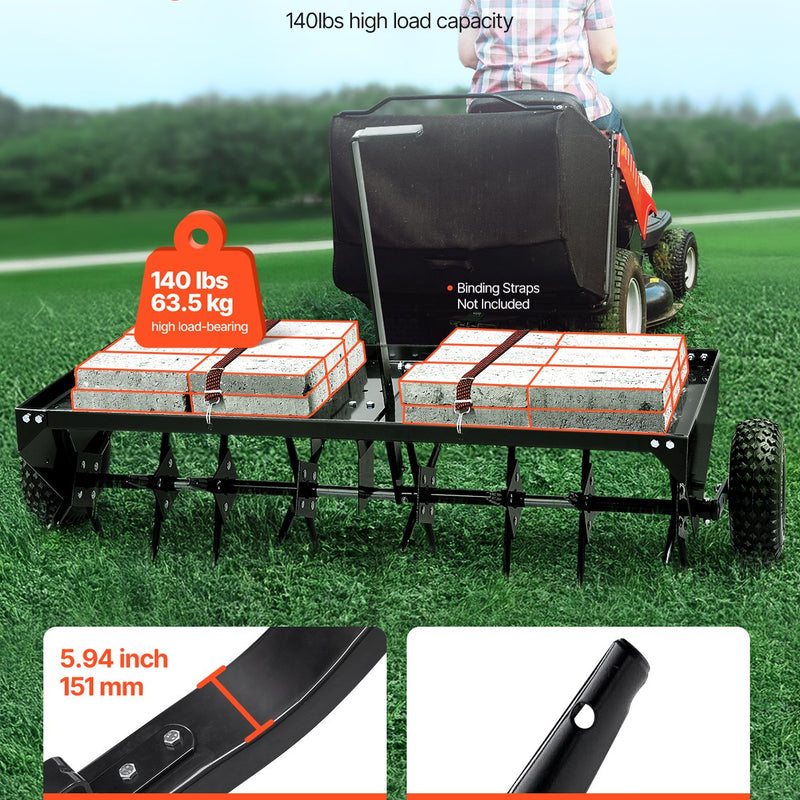 VEVOR piekabināms zāliena aerators 1220 mm ar universālu sakabi, zāliena aerācijas iekārta ar pārmaiņus izvietotām dzelzs tapām zālieniem, dārziem un saimniecībām