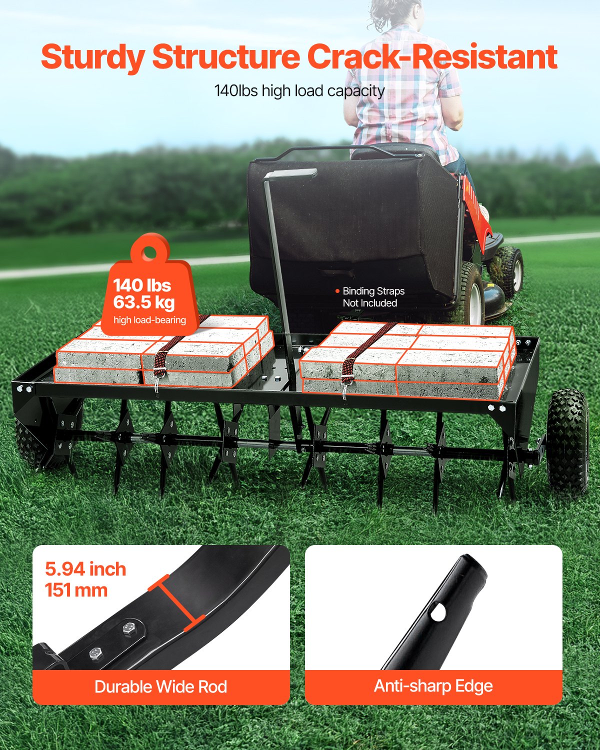 VEVOR 1220 mm Towable Lawn Aerator with Universal Hitch, a lawn aeration machine with alternately spaced steel pins for lawns, gardens, and farms