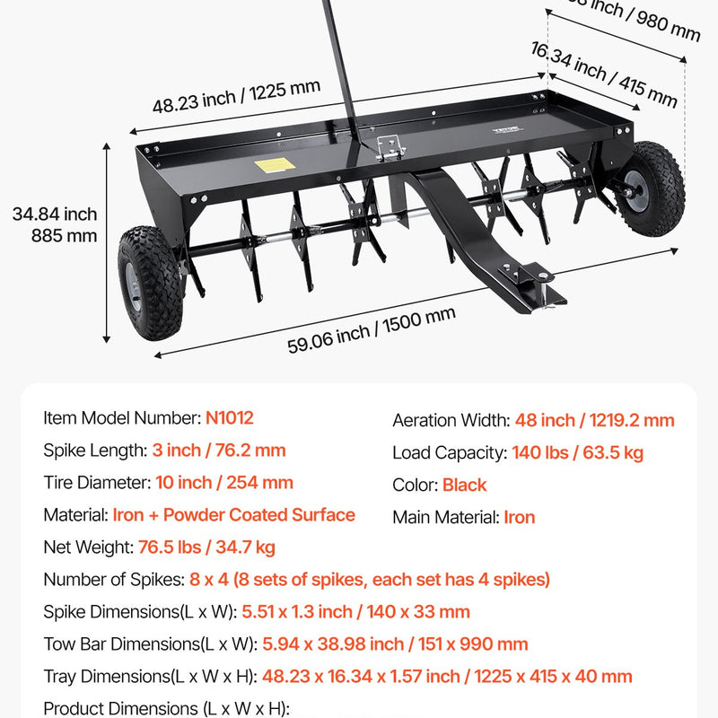 VEVOR piekabināms zāliena aerators 1220 mm ar universālu sakabi, zāliena aerācijas iekārta ar pārmaiņus izvietotām dzelzs tapām zālieniem, dārziem un saimniecībām