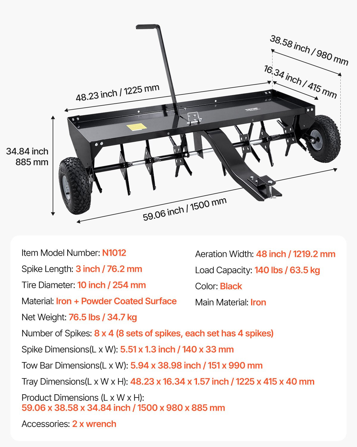VEVOR 1220 mm Towable Lawn Aerator with Universal Hitch, a lawn aeration machine with alternately spaced steel pins for lawns, gardens, and farms