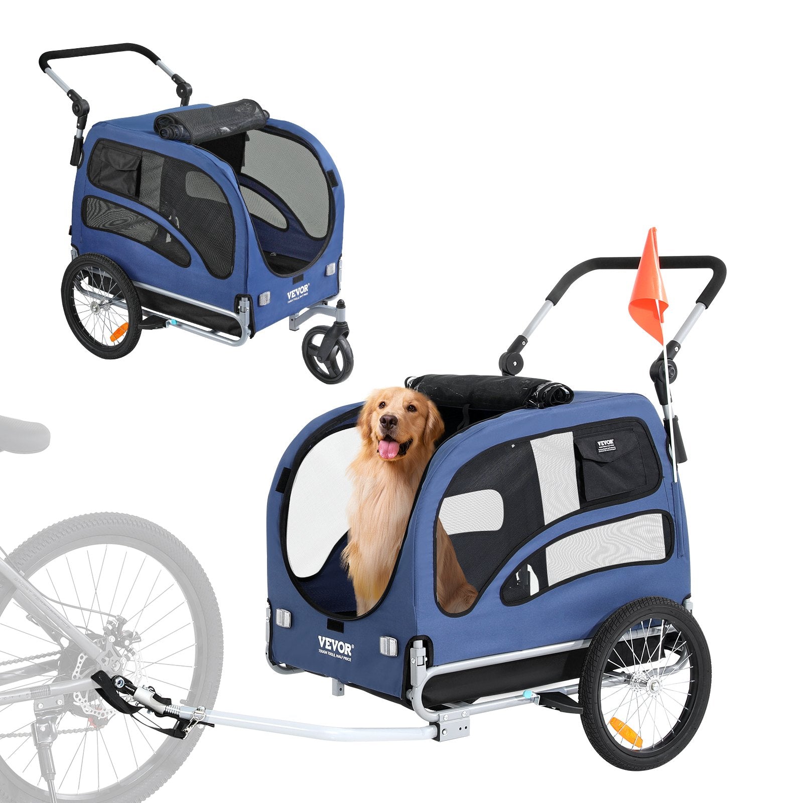 VEVOR Suņu velosipēdu piekabe, līdz 45 kg, 2-in-1 mājdzīvnieku rati, viegli salokāms rāmis ar ātri noņemamiem riteņiem, universāls velosipēdu piestiprinātājs, atstarojošie elementi, karogs, zila/melna